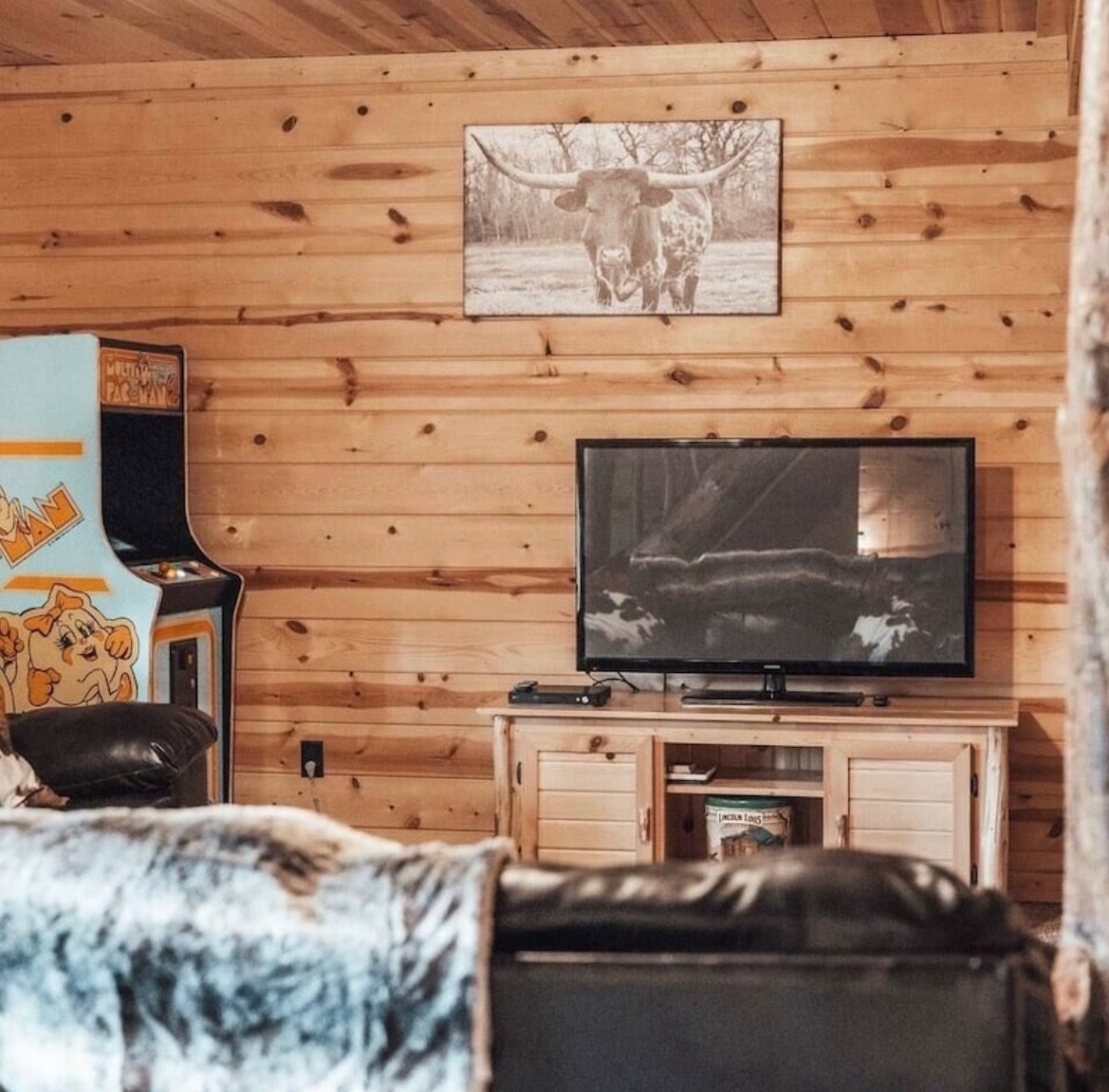 Game area with a Ms. Pac-Man arcade machine and TV