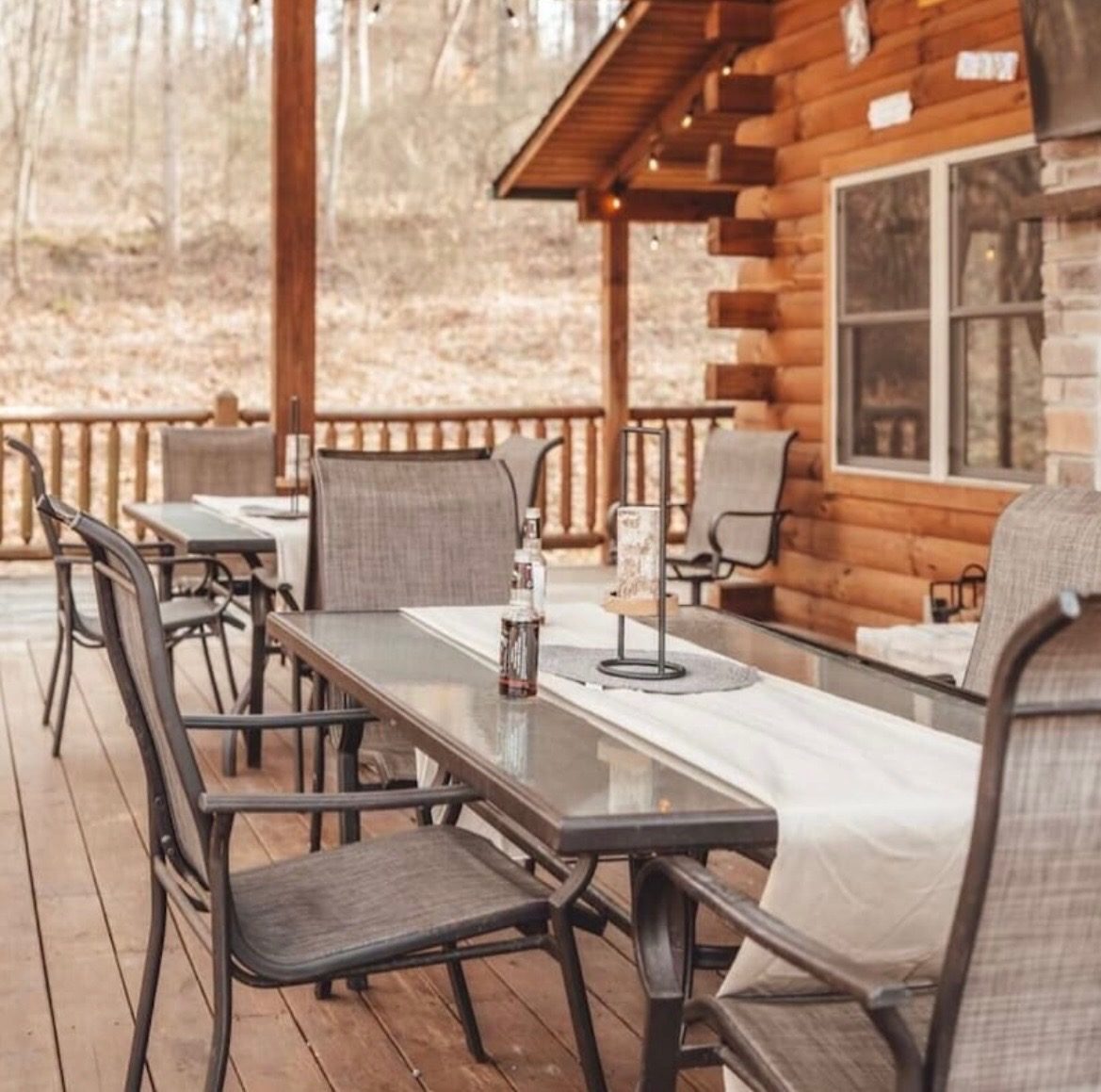 Outdoor dining tables on the covered deck