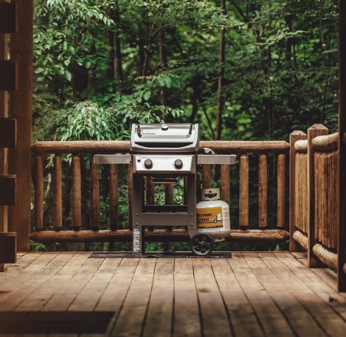 Gas grill on the deck overlooking the woods
