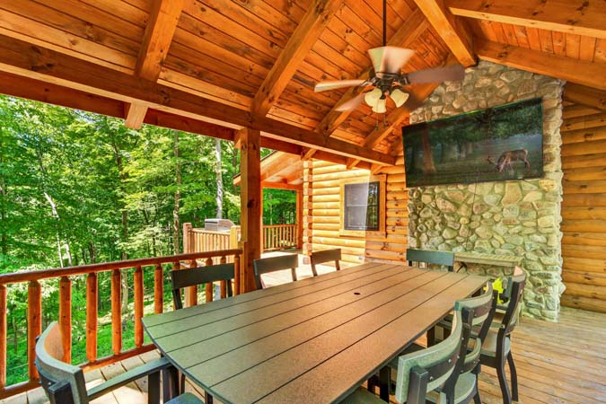 Sports fan friendly gathering space at Happy Hours Cabin