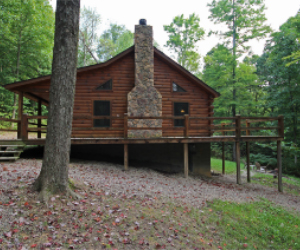 side view of log cabin with wrap around deck and side view of stone fireplace